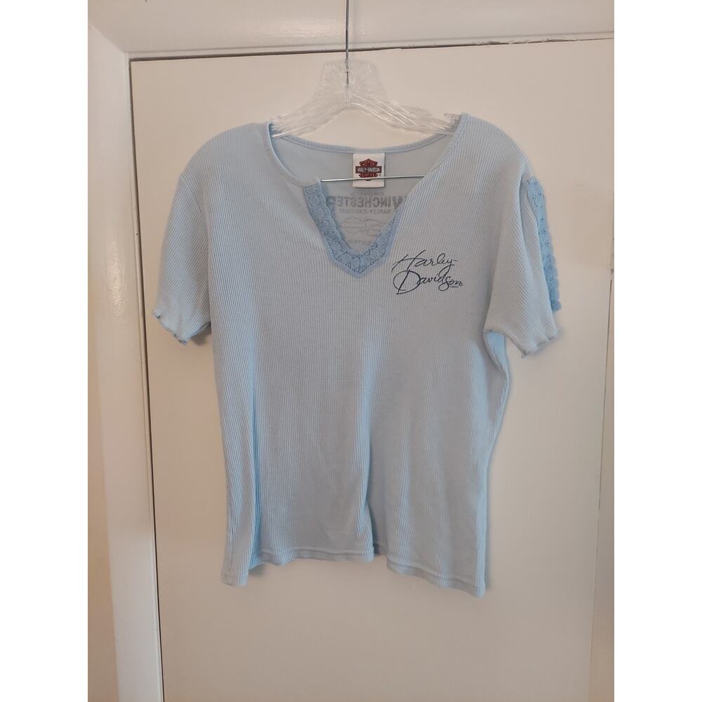 Harley Davidson Motorcycles Shirt Womens Large V-Neck Ribbed Lace Baby Blue USA